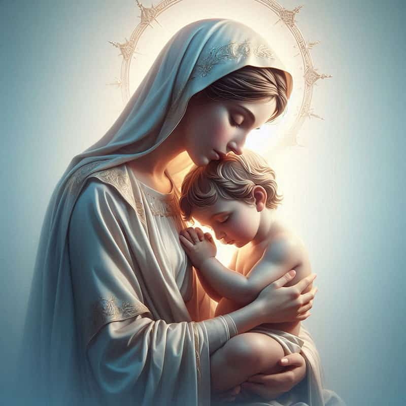 Virgen Maria abrazand tiernamente al niño Jesús en señal de humildad y oración. conoce tu fe catolica